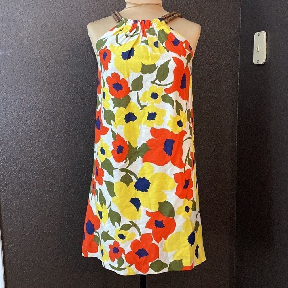 SHOSHANNA yellow retro floral silk and‎ linen halter neck mini sheath dress